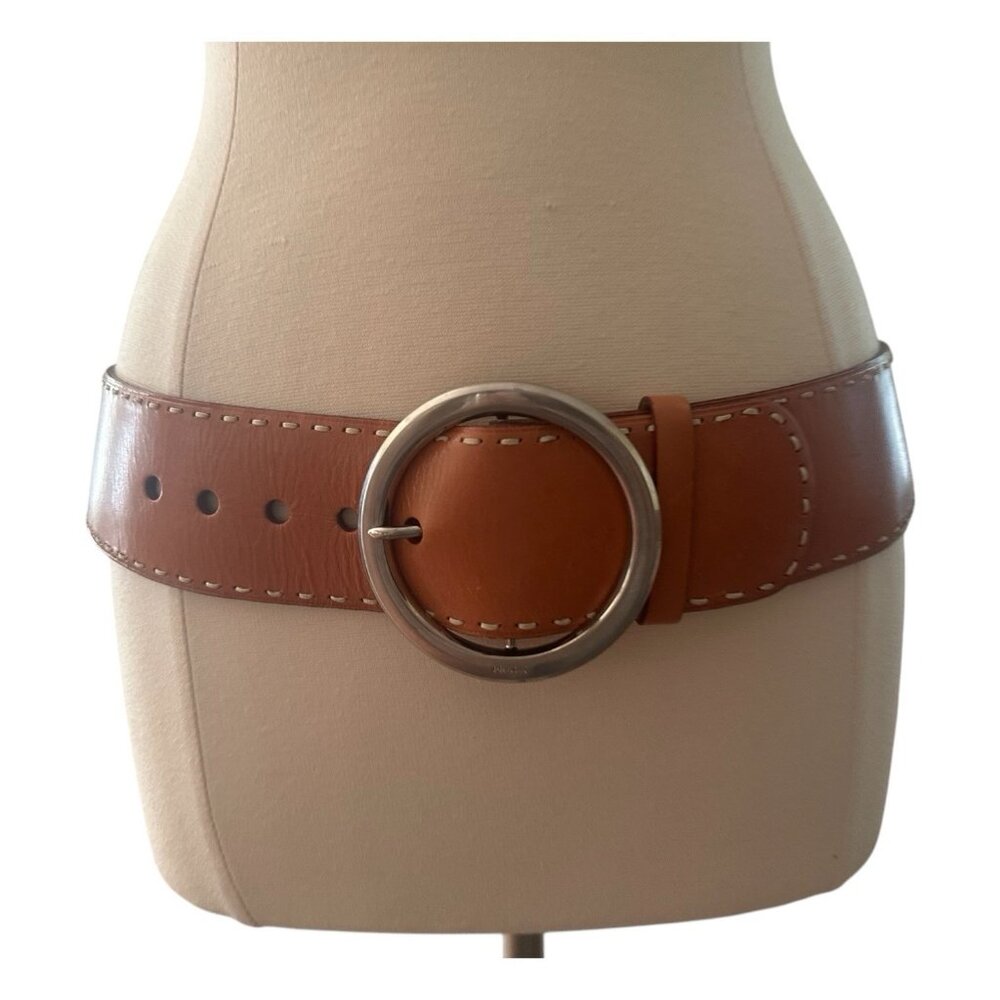 PRADA Belt Women 36 EU 90 Wide Leather Brass Round Buckle Hippie Statement Italy